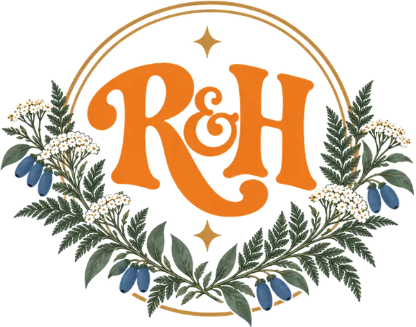 R and H monogram for Hélène and Robert, wreathed in fern, yarrow and haskap berries